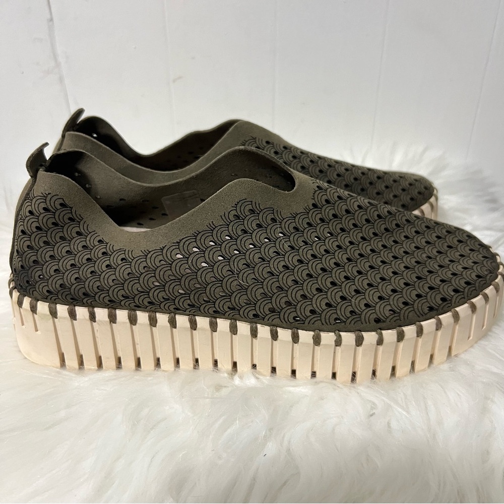 Women’s Slip-On Perforated Platform Loafers in Olive Green